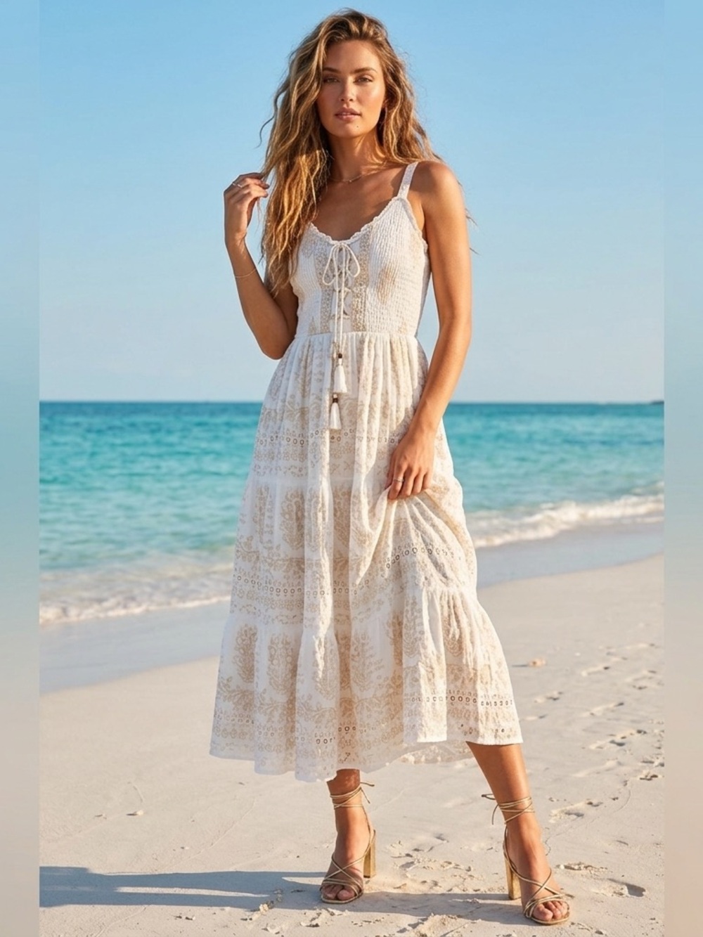 Boho White Lace Maxi Dress with Tassel Tie Beach Elegant Summer Dress